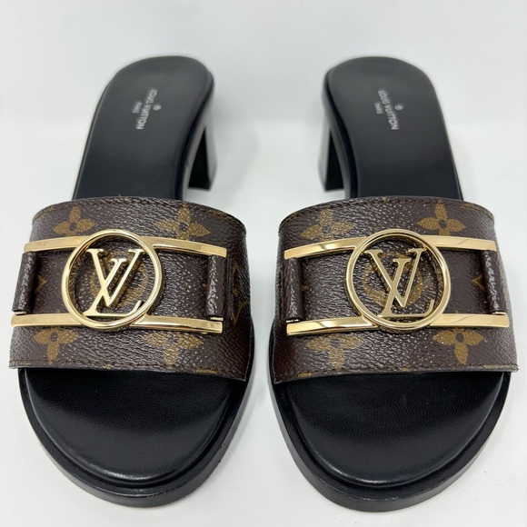 Louis Vuitton Lock It Mule Heeled Sandals Brown Monogram Canvas LV Logo Size 37 - Picture 7 of 16